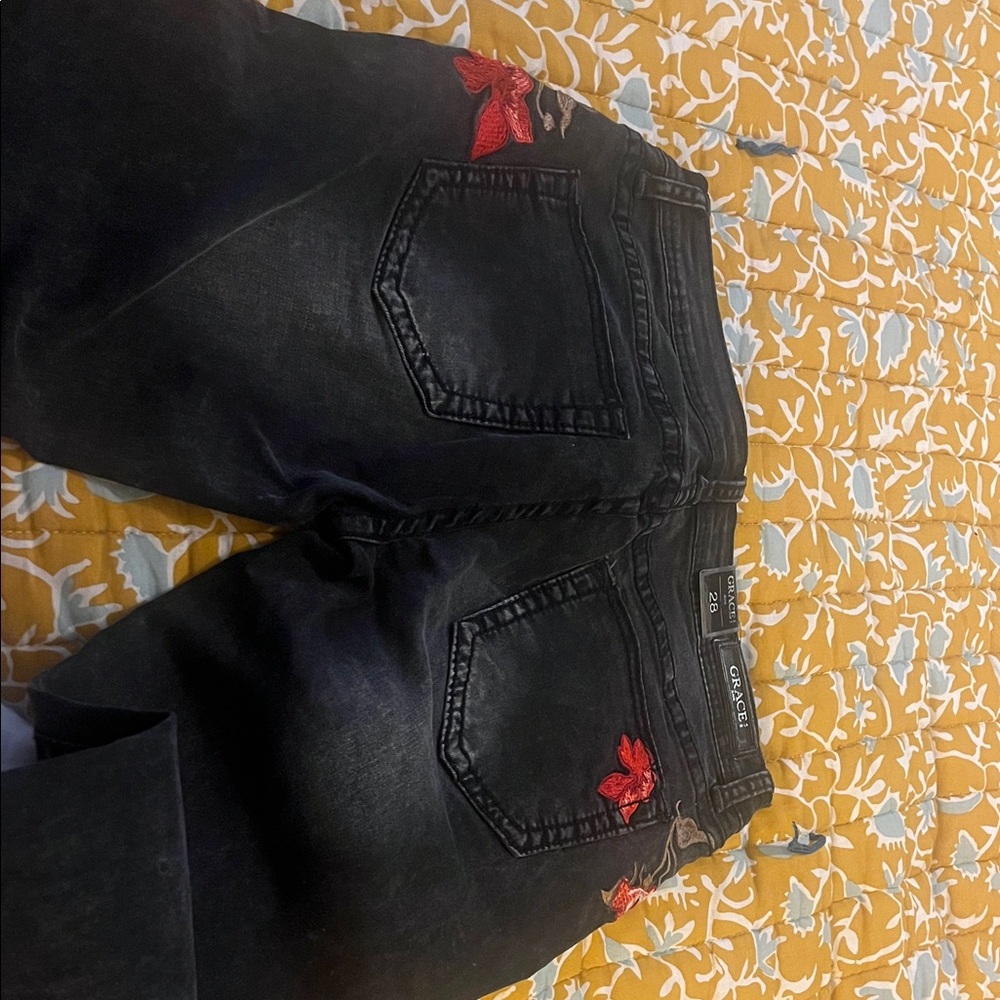 Grace Dark Jeans with Floral Red Accents - Picture 3 of 6